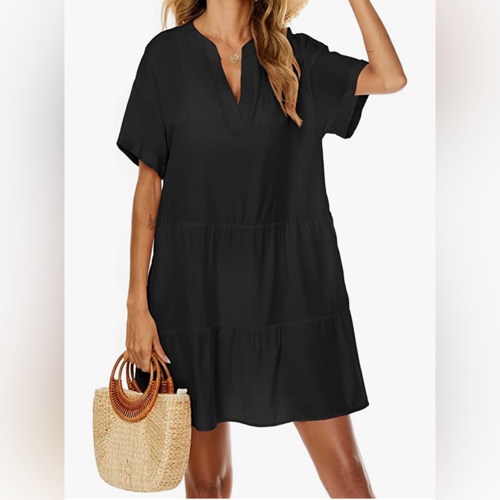 Large Short Sleeve Loose Fit Bathing Suit Swim Cover-up Flowy Beach Mini Dress